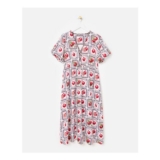 Pomegranate Print V-Neck Puff Sleeve Midi Dress