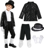 Pop Star Costume Sets Fancy Dress Kids, 80s King of Pop Disco Outfits Halloween Costume Set, Sequin Pants Tailcoat Hat Sunglasses Gloves, Stage Dance Wear Show 80s Disco Retro Cosplay Outfit