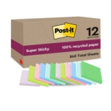 Post-It Super Sticky Notes, 12 Pads, 100% Recycled, Assorted Colors