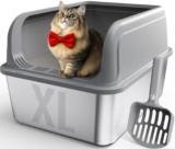 Powools Stainless Steel Cat Litter Tray, Top-Entry Design, XL, Grey