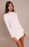 PrettyLittleThing Ribbed Boat Neck Long Sleeve Bodycon Dress (Cream) – With Code