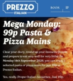 Prezzo Mega Monday 14 September – 99p mains when you buy a drink