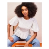 Pure Cotton Broderie Puff Sleeve Peplum Top