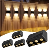 Quntis 6 Lens Large Up Down Solar Fence Lights Outdoor, 4Pack Warm White & RGB Wall Lights 13 Modes Auto Cycle, 12H Runtime IP65 Waterproof Led Solar Lights for Garden Patio Deck Courtyards Gate Step