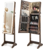 RELAX4LIFE LED Lights Jewellery Cabinet, Standing Lockable Jewelry Armoire Organizer with 3-Color Lighted Full Length Mirror & 3 Tilt Angles, Large Capacity Makeup Cosmetic Storage Unit (Walnut)