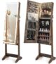 RELAX4LIFE LED Lights Jewellery Cabinet, Standing Lockable Jewelry Armoire Organizer with 3-Color Lighted Full Length Mirror & 3 Tilt Angles, Large Capacity Makeup Cosmetic Storage Unit (Walnut)