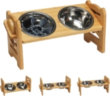RLAVBL Raised Dog Bowl with Stand 37cm(W) x 19cm(H) Adjustable Bamboo Pet Feeding Station with Slow Feeder and 2 Stainless Steel Bowls, Anti-Slip Pads, Small Dogs and Cats Bowl