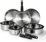 ROYDX Stainless Steel Pots and Pans Set,18/10 Uncoated Pan Set with Stainless Steel Frying Pan,Steamer & Saute Pan,Detachable Stay-Cool Handles,Glass Lids,LFGB Approved,Suitable for All Hobs