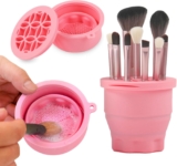Ranphykx Makeup Brushes Cleaner Mat with Brush Storage Holder, Folding Portable Washing Tool for Makeup Cleaning, 2 In 1 Silicone Brush Cleaner Pad & Cosmetic Organizer Rack (Pink)