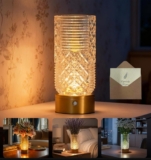 Rechargeable Bedside Lamp, Crystal Touch Table Lamp 3600mAh 15H Long Battery, 3 Color Dimmable Cordless Night Light for Bedroom Living Room, Copper Flower Vase Lamp