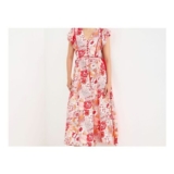 Red & Orange Floral V-Neck Tie Waist Midi Dress