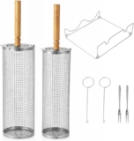 Rolling Grill Basket,Removable Wooden Handle, 7-Pack Grill BasketS with Handle – Non-Stick BBQ Grill Basket Set,Nesting Grilling Net, BBQ Accessories Tools for Vegetables