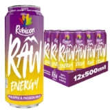 Rubicon RAW 12 Pack Pineapple & Passion 500ml Energy Drink, 20% Real Fruit Juice, High caffeine with B-Vitamins, Ginseng & Guarana,
