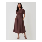 Ruched Drawstring Puff Sleeve Midi Dress in Chocolate Brown