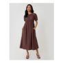 Ruched Drawstring Puff Sleeve Midi Dress in Chocolate Brown
