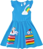 SFreeBo Little Girls Dresses Rainbow Long Sleeve/Sleeveless Dress Girls Cotton Pocket T-Shirt Dress Kids Winter/Summer Stripe Dress with Unicorn Flowers Print 3-8 Years