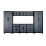 SGS 9pc Garage Storage System, Work Bench 3x Floor Cabinets 3x Upper Cabinets 2x Tall Double Side Cabinets, With code
