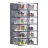 SONGMICS 12-Pack Stackable Shoe Boxes, Foldable, Transparent Dark Blue-Grey