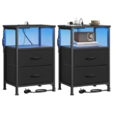 SONGMICS BELLAH Collection – 2 Bedside Tables with Charging Station, App-Controlled Adjustable LED Lights,1 Shelf, 2 Drawers, Ink Black