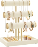 SONGMICS Bracelet Holder Stand, Jewellery Display Stand, Jewellery Organiser, with 3 Tiers and Velvet Tray, Removable Ring Holder, Cream White and Pale Gold JJS027W101