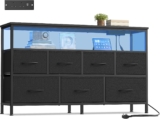 SONGMICS Chest of Drawers with LED Lights and Charging Station, Fabric Storage Cabinet, 7 Drawers, Open Shelf, 113.8 x 30 x 68.1 cm, Ink Black, Bedroom Furniture, Bellah Collection LGS733BH03