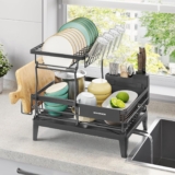 SONGMICS Dish Drying Rack, Dish Drainer Rack for Kitchen Counter, 360 Rotatable and Extendable Spout, Draining Board, with Cutlery Holder, 31 x 42 x 36.5 cm, Slate Grey KCS551G101