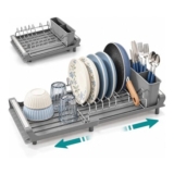 SONGMICS Expandable Dish Drainer with Removable Cutlery Holder, Dove Gray