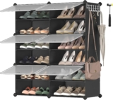 SONGMICS Interlocking Shoe Rack, Plastic Shoe Storage Cabinet, 6-Slot Modular Storage Organiser Unit, 30 x 40 x 30 cm for Each Slot, with Doors, Steel Frame, Plastic Panels, Black LPC033B01