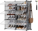 SONGMICS Interlocking Shoe Rack, Plastic Shoe Storage Cabinet, 6-Slot Modular Storage Organiser Unit, 30 x 40 x 30 cm for Each Slot, with Doors, Steel Frame, Plastic Panels, Slate Grey LPC033G01