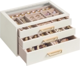SONGMICS Jewellery Box, 3-Layer Jewellery Storage Organiser with Glass Window, 3 Drawers, Large Capacity, Modern, Golden Handles, Gift Idea, 16 x 24 x 12.5 cm, Cream White JBC206WD01