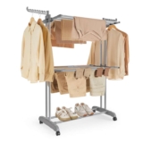 SONGMICS Large Clothes Airer, Foldable Clothes Drying Rack Laundry 3-Tier, Moveable, 63.5 x 128 x 148 cm, Stainess Steel