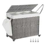 SONGMICS Laundry Basket with Lid, 160 L, 3-Compartment Synthetic Rattan