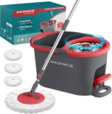 SONGMICS Spin Mop Bucket Set with Pedal Wringer, Floor Cleaning Mop, Adjustable Telescopic Handle 122.5-150 cm, 360 Rotating Head, 3 Microfibre Pads, Grey and Red LMB002GT03