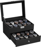 SONGMICS Watch Box, Watch Case with Glass Lid, 2-Tier Watch Display Case, Lockable, 1 Drawer, for Rings, Bracelets, Gift Idea, Black Synthetic Leather, Black Lining JWB020B01