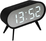 SPACE HOTEL Cyborg Digital Alarm Clock with LED Display, 12/24Hr, Room Temperature, Snooze, Night Mode, Brightness Dimmer, Mirror Surface, USB Powered & Battery Backup (Black/Silver)