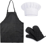 SSKHE Apron, Oven Gloves and Chef Hat Set, Adult Chef Outfit, Anti Fouling Black and White Striped Apron with Pockets, for Home Kitchen Gardening Cafes