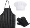 SSKHE Apron, Oven Gloves and Chef Hat Set, Adult Chef Outfit, Anti Fouling Black and White Striped Apron with Pockets, for Home Kitchen Gardening Cafes