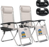 SUNMER Sun Lounger Garden Chairs – Set of 2 Zero Gravity Chairs with Cup & Phone Holder, Adjustable Headrest & Pillow – 30 to 90 Folding Deck Recliner – Professional Outdoor Seating – Grey