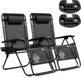 SUNMER XXL Sun Lounger Extra Wide Garden Chairs – Extra Wide Set of 2 Zero Gravity Chairs with Cup & Phone Holder, Adjustable Headrest & Pillow – Folding Deck Recliner Outdoor Seating – Black