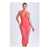 Safira Ruched Plunge Midaxi Dress in Coral