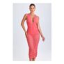 Safira Ruched Plunge Midaxi Dress in Coral