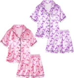 Satin Pyjamas for Girls, 4-Piece Short Sleeve Button Down Silky PJ Set