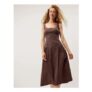 Selena Square Neck Stripe Midi Dress Brown