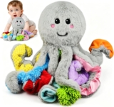 Sensory Toys for Babies, Plush Octopus with 8 Textured Tentacles, Baby Toys 3-6 6-12 Months 1 Year Old, Baby Girls Boys Gifts for Christmas Easter Birthday (Grey)
