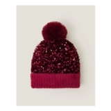 Sequin Pom-Pom Beanie Hat Red