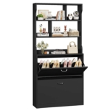 Shoe Cabinet 2 Flip Drawers, Slim Shoe Storage Cabinet, Black & White