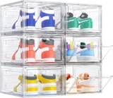 Shoe Storage Box, 6 Pcs Shoe Box Clear Plastic Stackable, Sturdy Foldable Shoe Organizer Containers with Magnetic Door for Women/Men, White