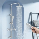 Shower Riser Rail Kit,Chrome Shower Set with 20cm Round Overhead Rainfall Shower,Handheld Shower Head and Shelf,Suitable for Bathroom
