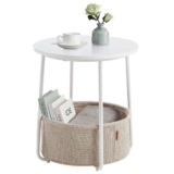 Side Table, Round End Table with Fabric Basket, for Living Room Bedroom, Modern Style, Matte White and Camel Brown