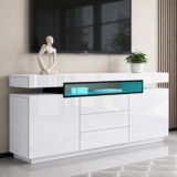 Sideboard Storage Cabinet with LED Lights,High Gloss 160cm TV Stand Unit Cabinet with 2 Doors,3 Drawers & Large Open Shelves,Modern Cupboard for Dining Room,Living Room,Kitchen,Hallway,White